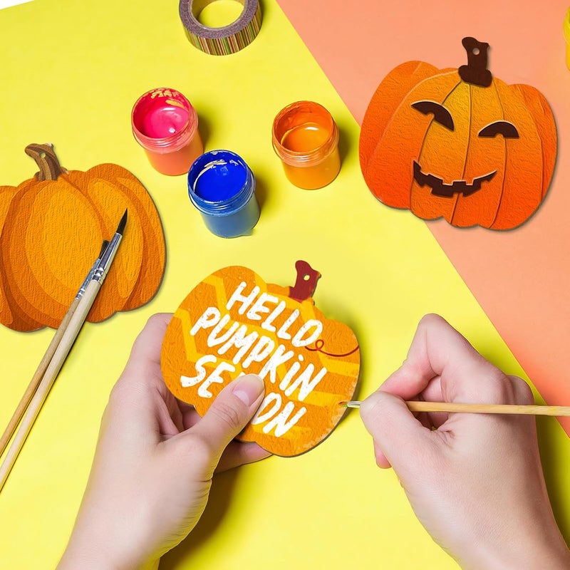 Sophena Wooden Pumpkins Ornaments to Paint Halloween Thanksgiving Decoration Cutouts Unfinished 24PCS 3.5 inches, DIY Blank Unfinished Pumpkin Wood Discs Ornament for Home Harvest Crafts Hanging Autumn - Image 5